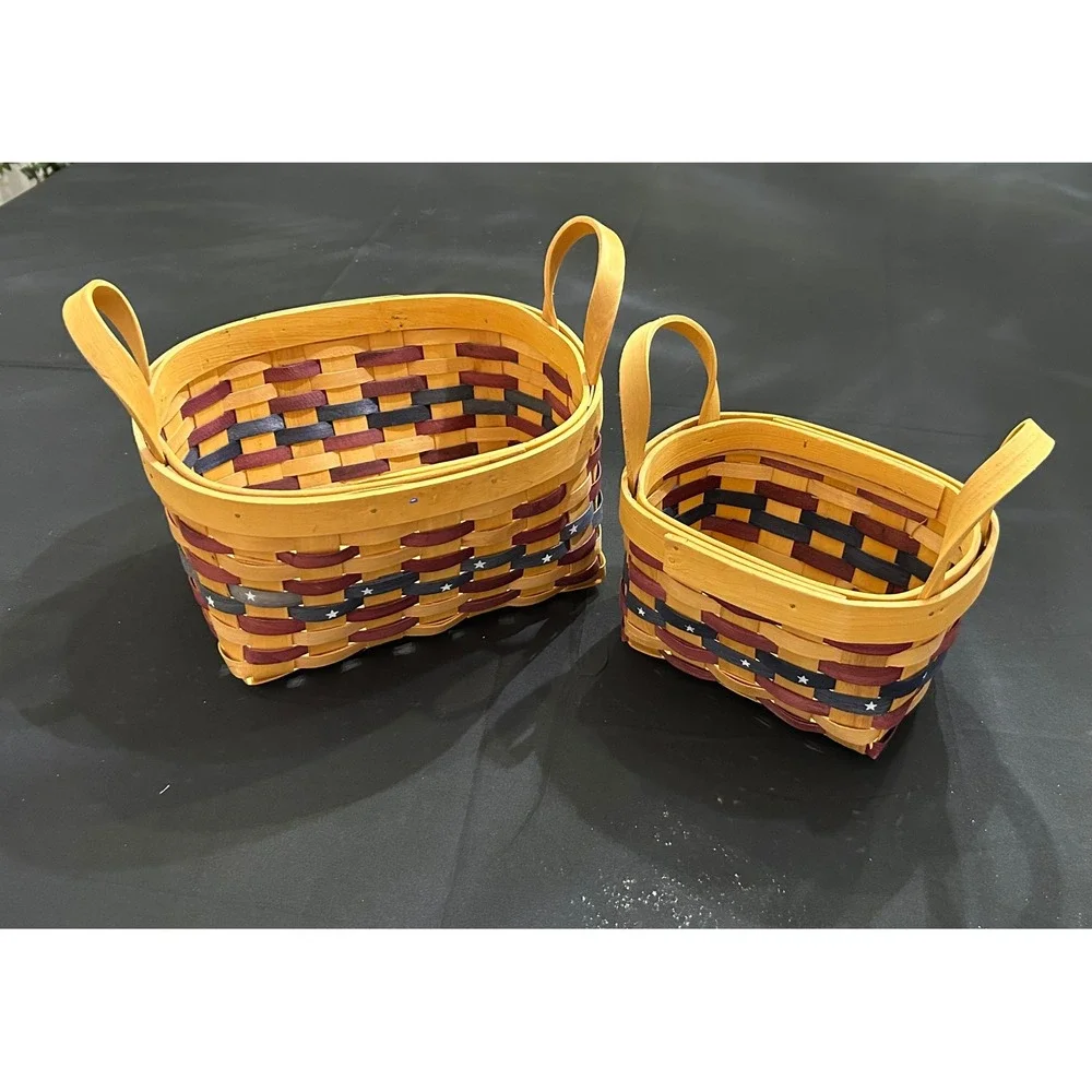 Primitive Woven Basket Set Americana Star Accent Nested Wood Handle Decor Pair